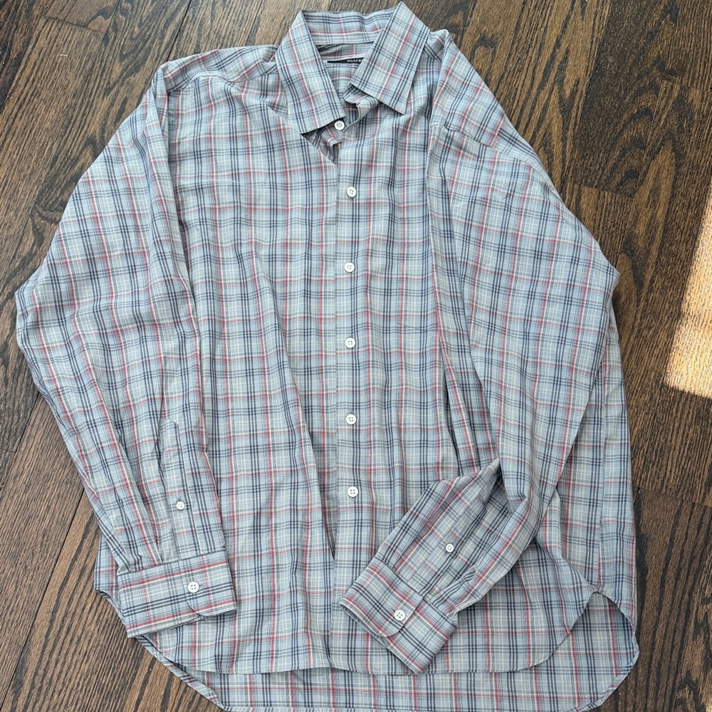 Billy Reid Light Gray Plaid Dress Shirt with Red & Blue Stripes
